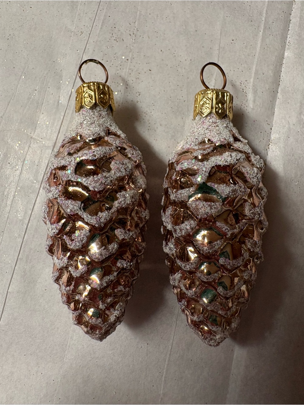 Vintage Glass Glitter Rose Gold Iridescent Pinecone Ornaments